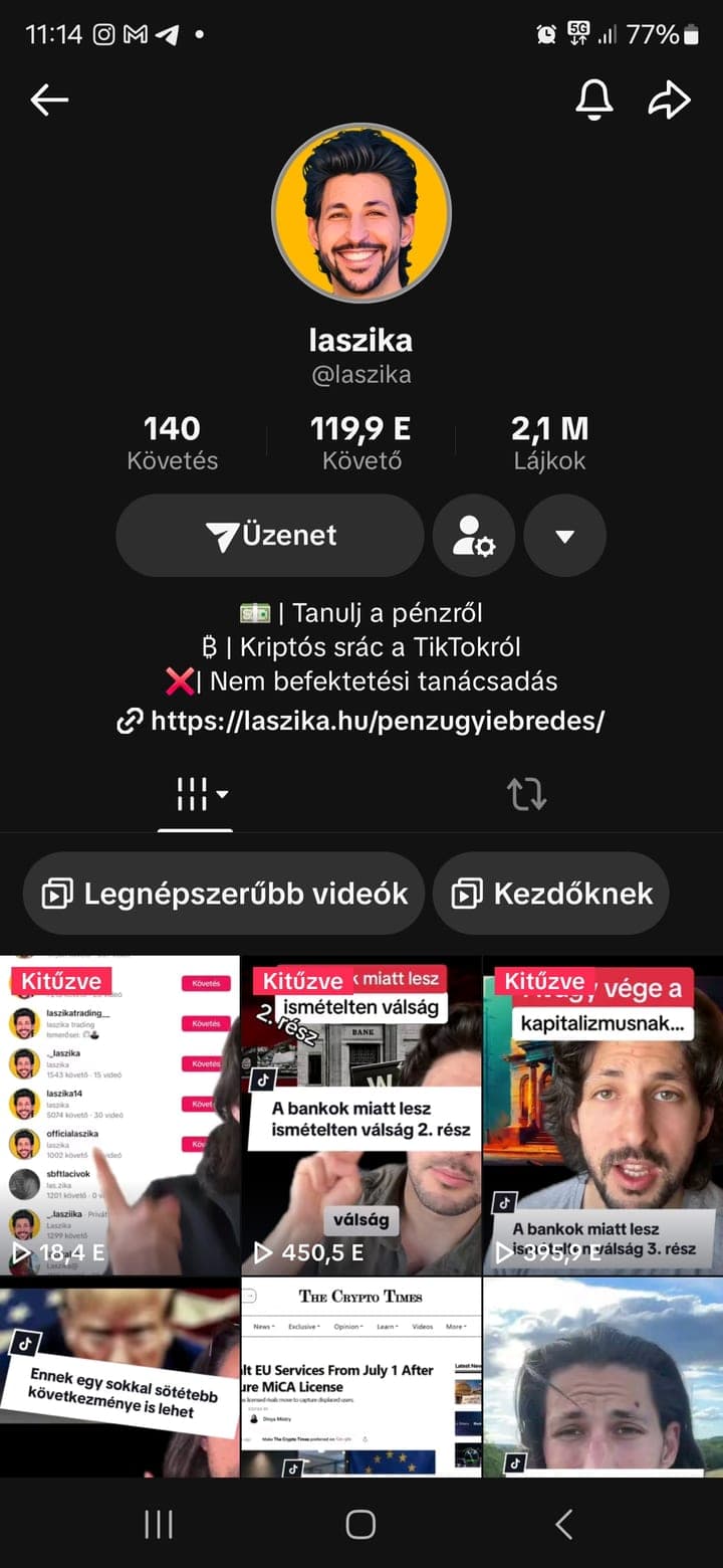 Laszika TikTok profilja: 119,9 ezer követő, 2,1 millió lájk